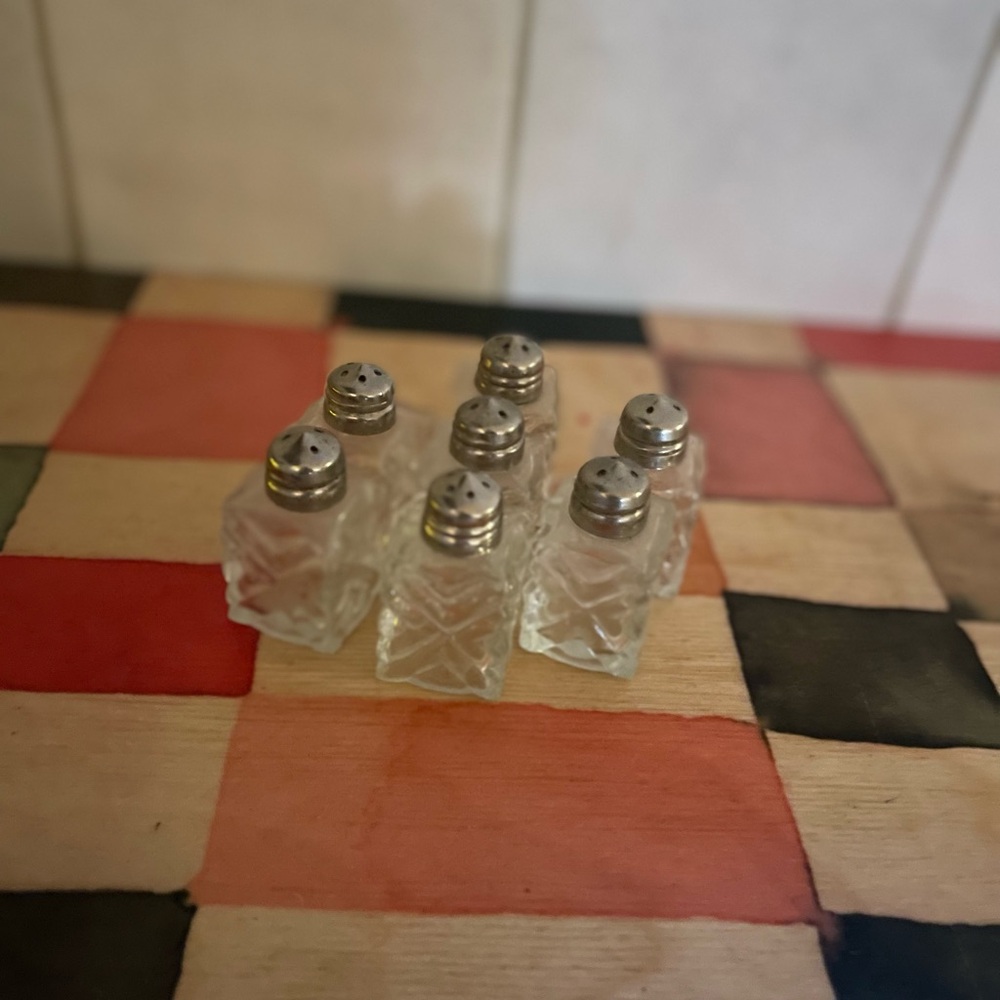 Set of 7 vintage Mini Glass Salt Shakers with Silver Tops